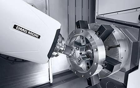 A gear cut part on the sub-spindle of a DMG MORI CTX beta 2000 TC 9-axis mill-turn CNC machine